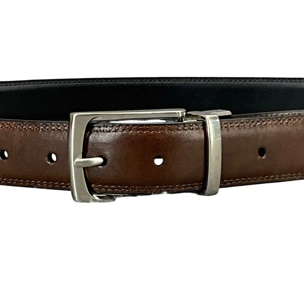 Dockers Reversible Black/Brown Leather Brushed Nickel Buckle Belt Men 30” - 36”